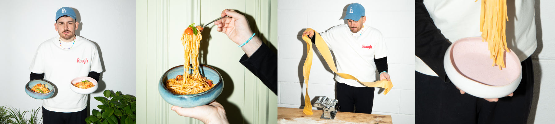 Mann im weißen T-Shirt mit zwei Tellern Pasta, Nahaufnahme von Spaghetti und Mann bei der Herstellung von Pasta.