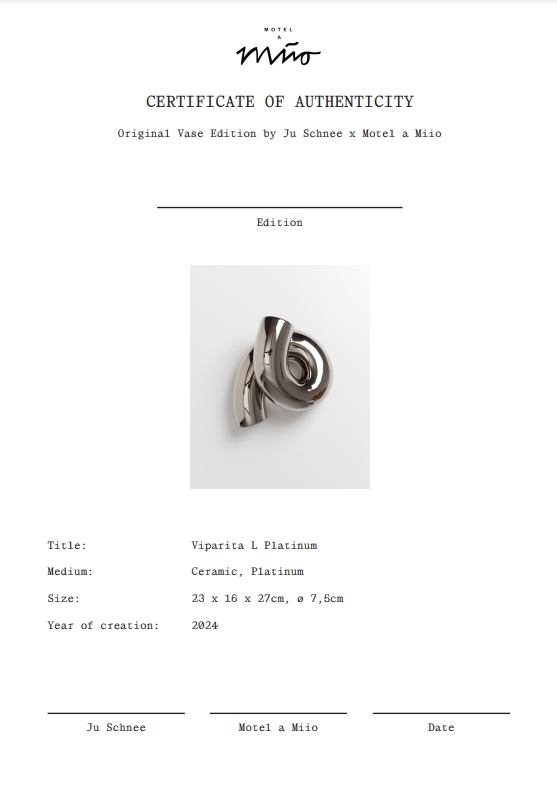 Zertifikat der Echtheit für die Vase "Viparita L Platinum" aus Keramik und Platin von Ju Schnee, 2024.