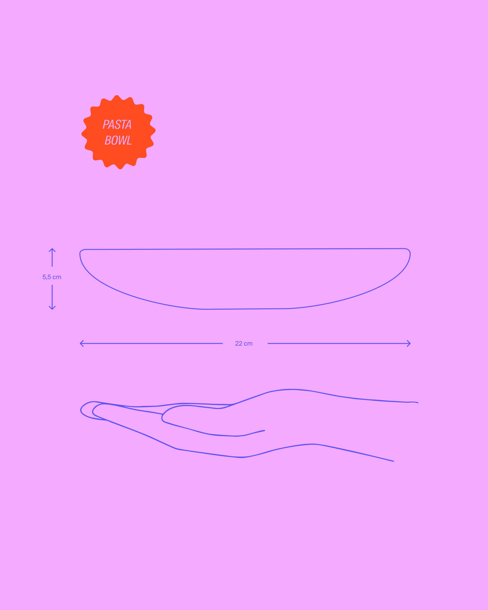 Linienzeichnung einer Hand, die eine Pastaschale mit den Maßen 5,5 cm hoch und 22 cm Durchmesser hält.