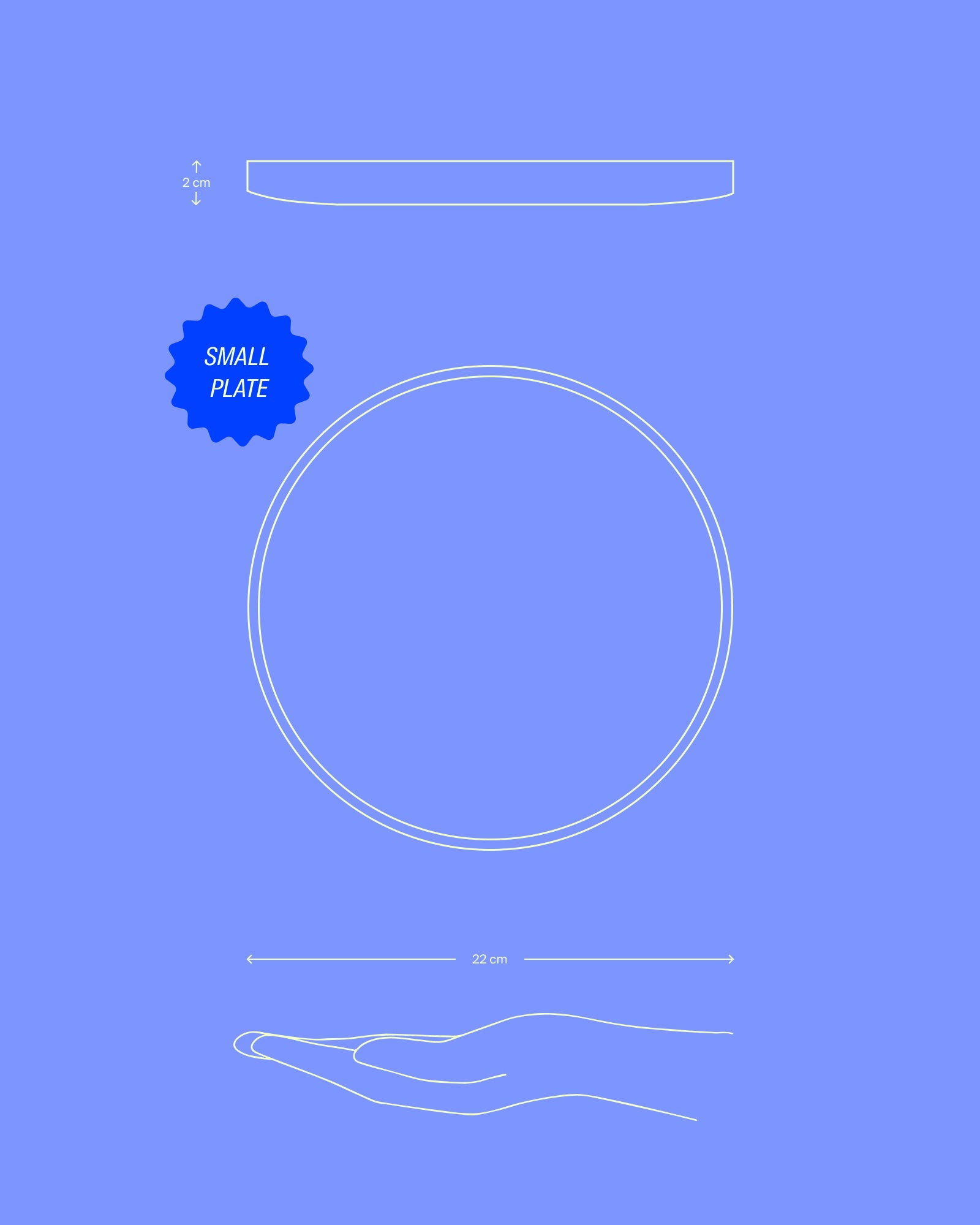 Diagramm eines kleinen Tellers mit 22 cm Durchmesser und 2 cm Höhe, über einer Hand dargestellt.