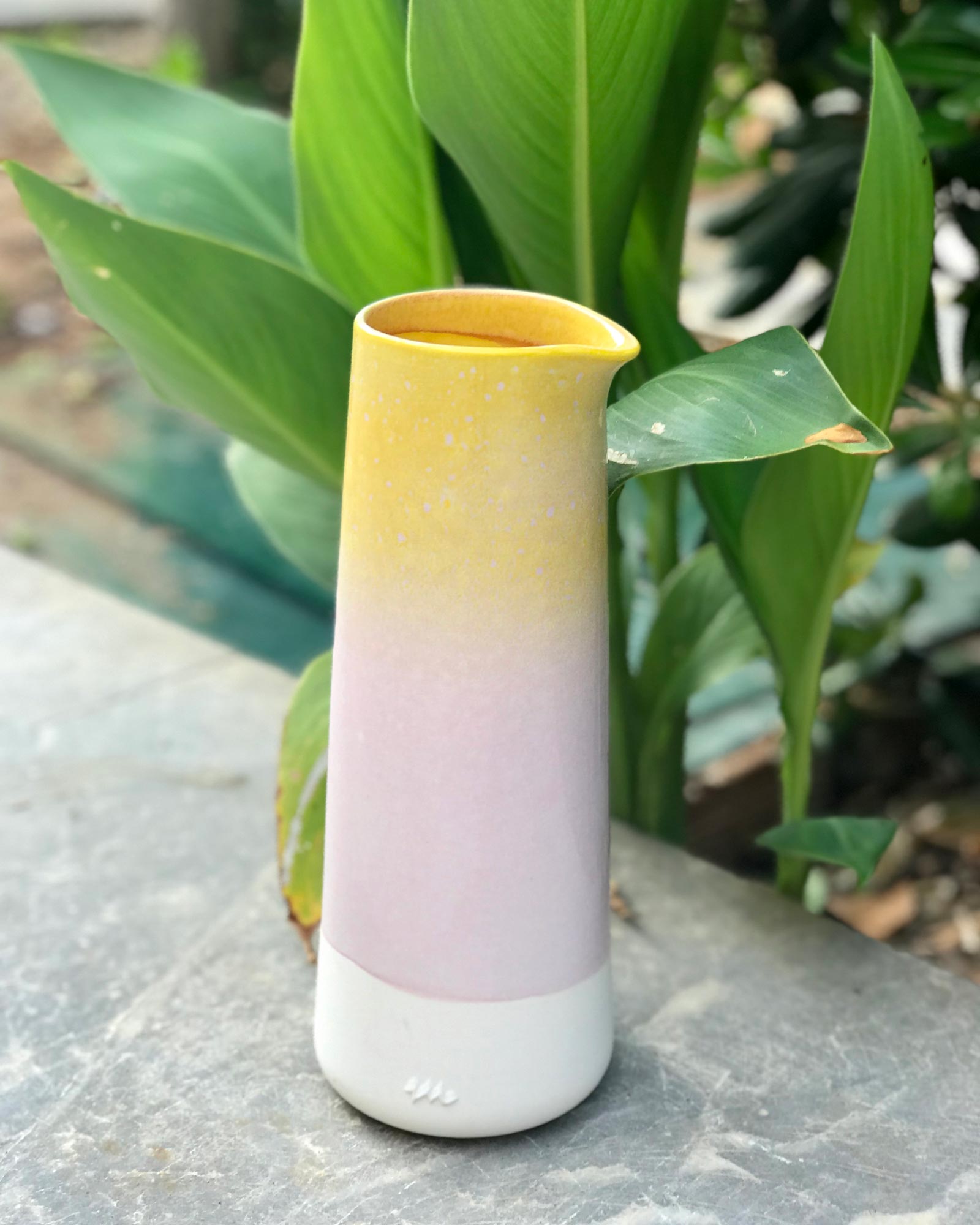 Gelbe und rosa Keramikvase steht auf einem grauen Tisch vor großen grünen Blättern.