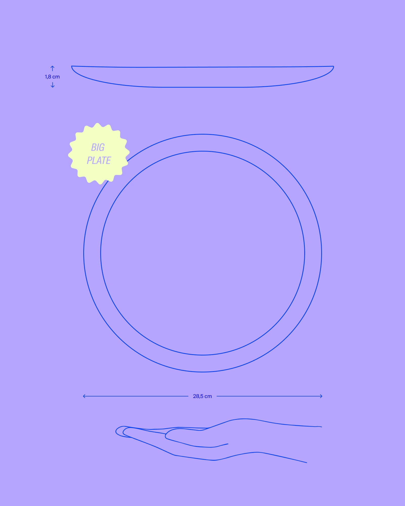 Diagramm zeigt einen großen Teller mit 28,5 cm Durchmesser und 1,8 cm Höhe über einer Hand auf lila Hintergrund.