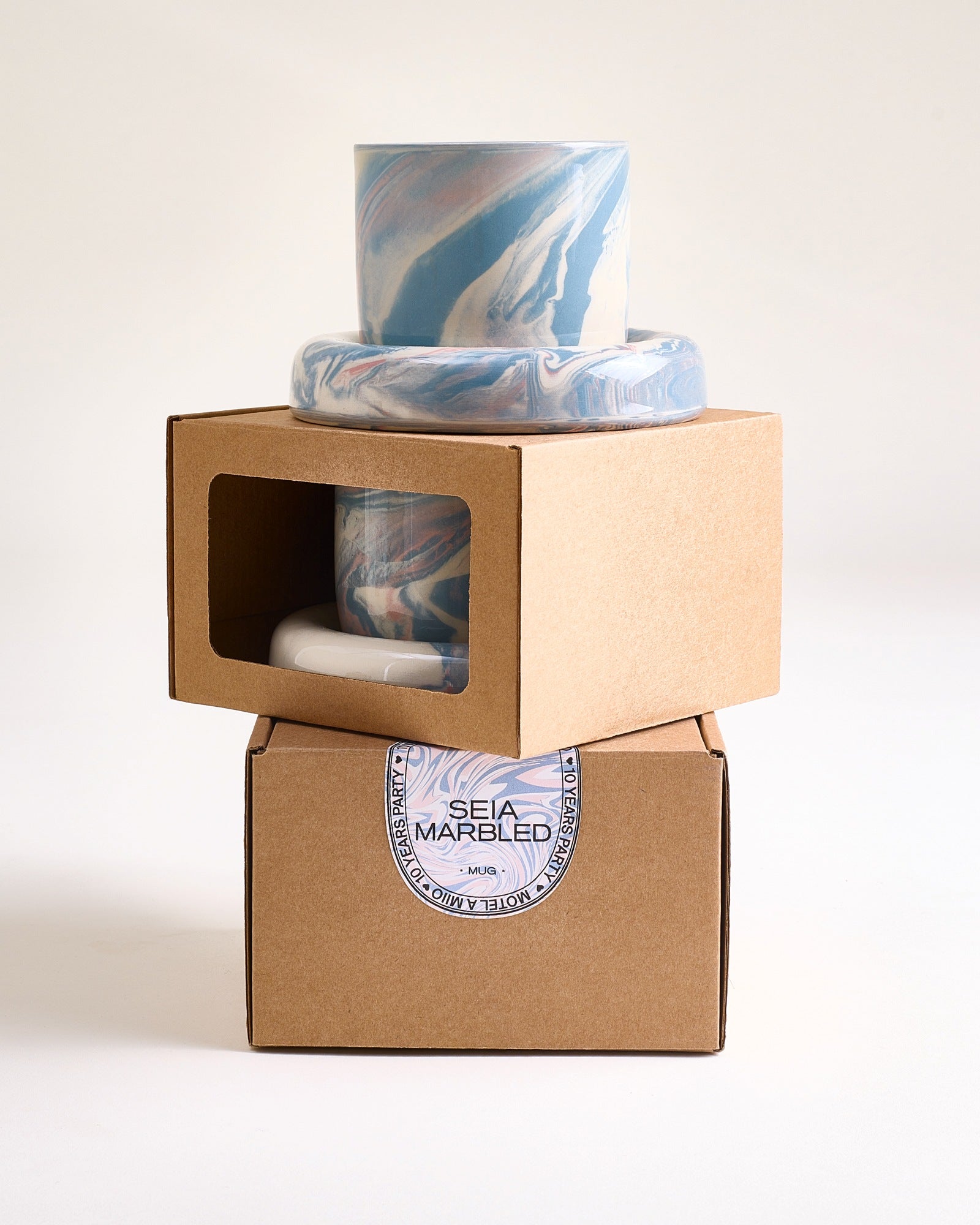 Seia Becher & Untertasse marbled blau weiß