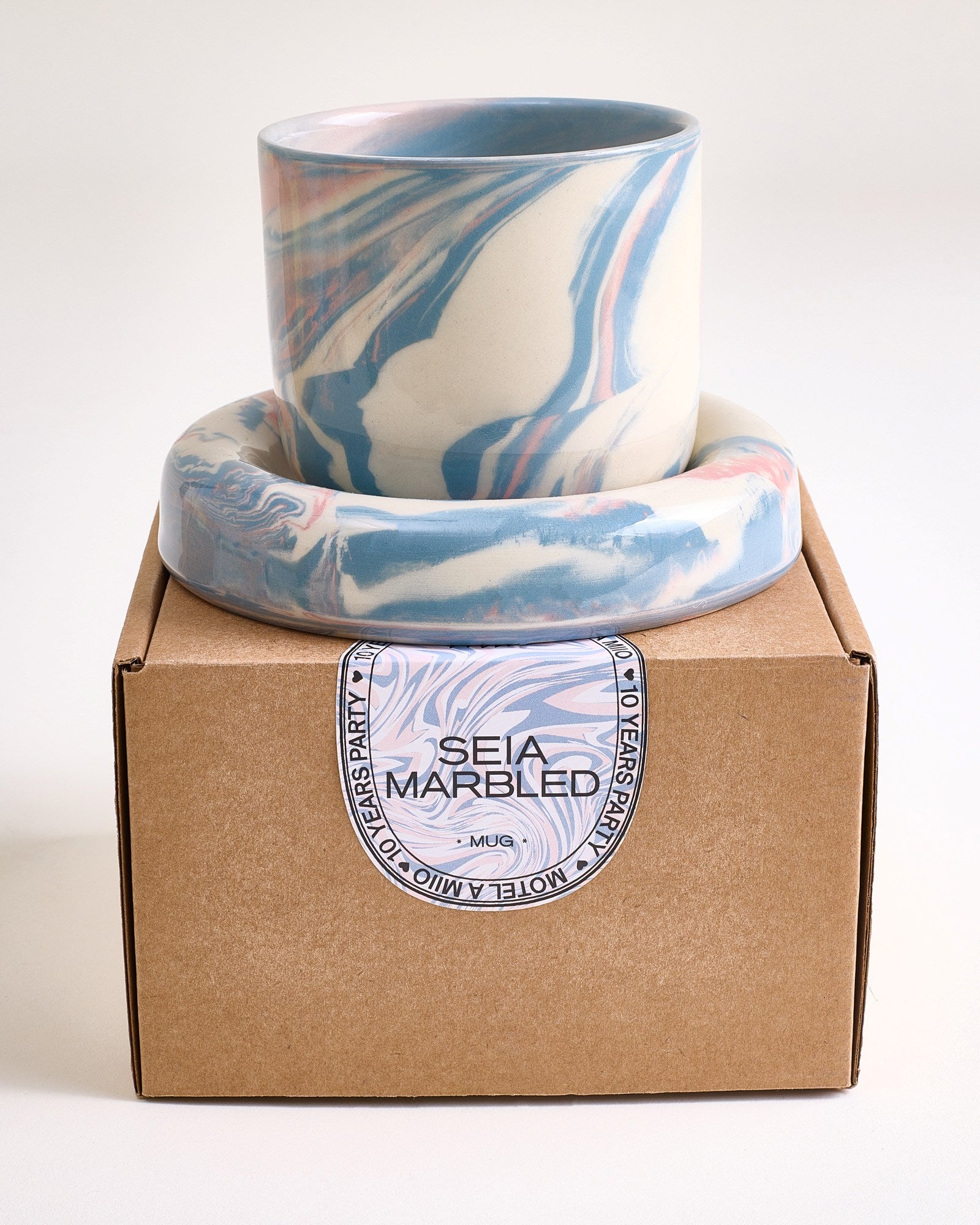 Seia Becher & Untertasse marbled blau weiß