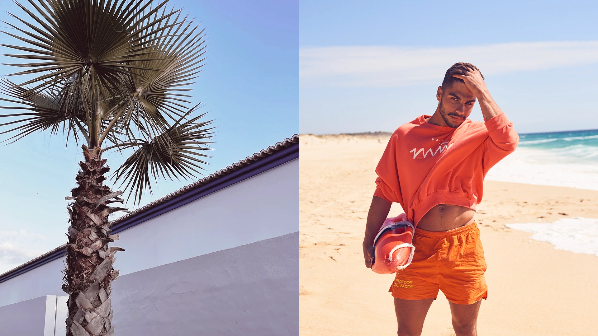 Links ein Palmenbaum vor blauem Himmel; rechts ein Mann in orangefarbenem Outfit am Strand.