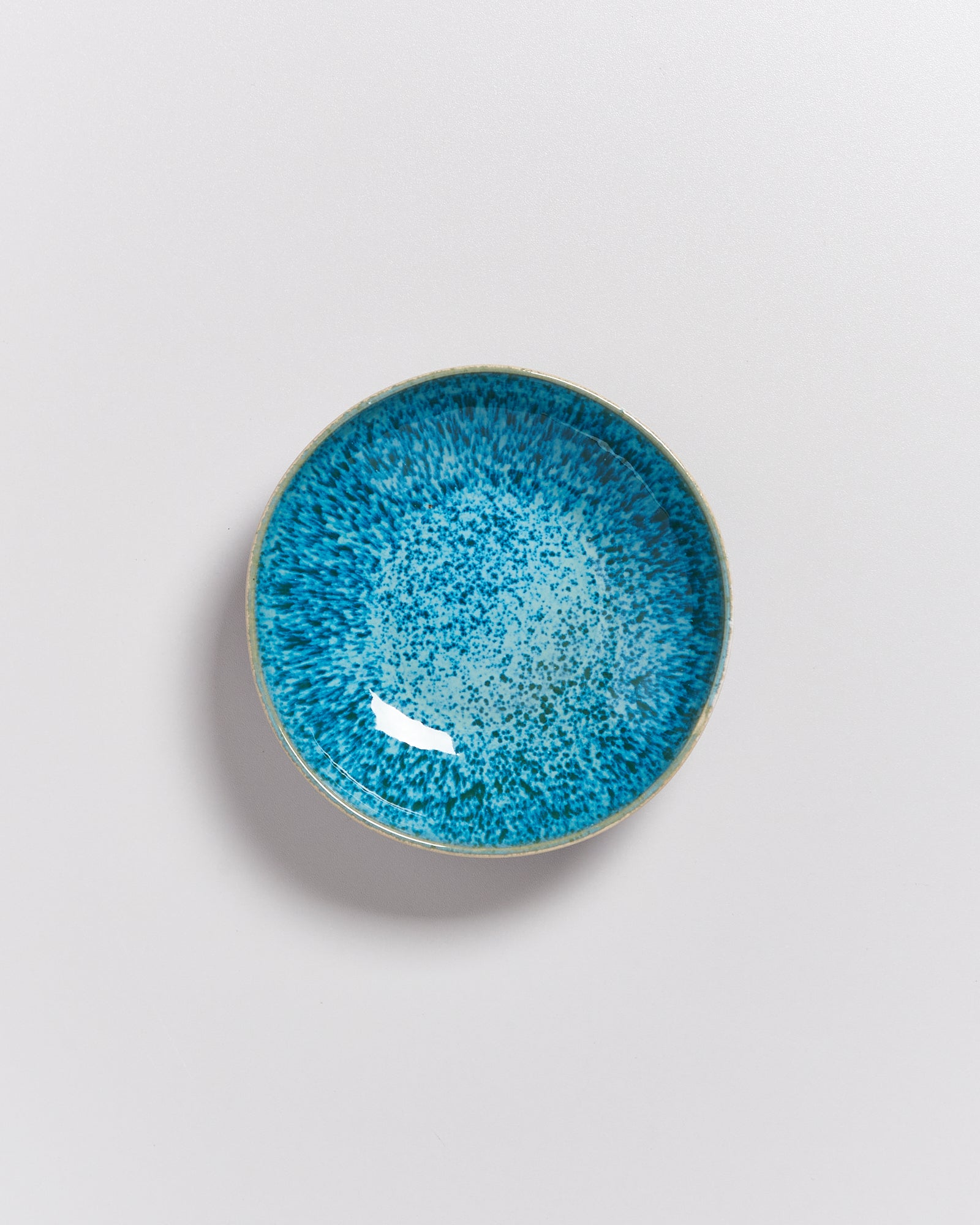 Blauer Keramikteller mit gesprenkeltem Muster auf weißem Hintergrund.