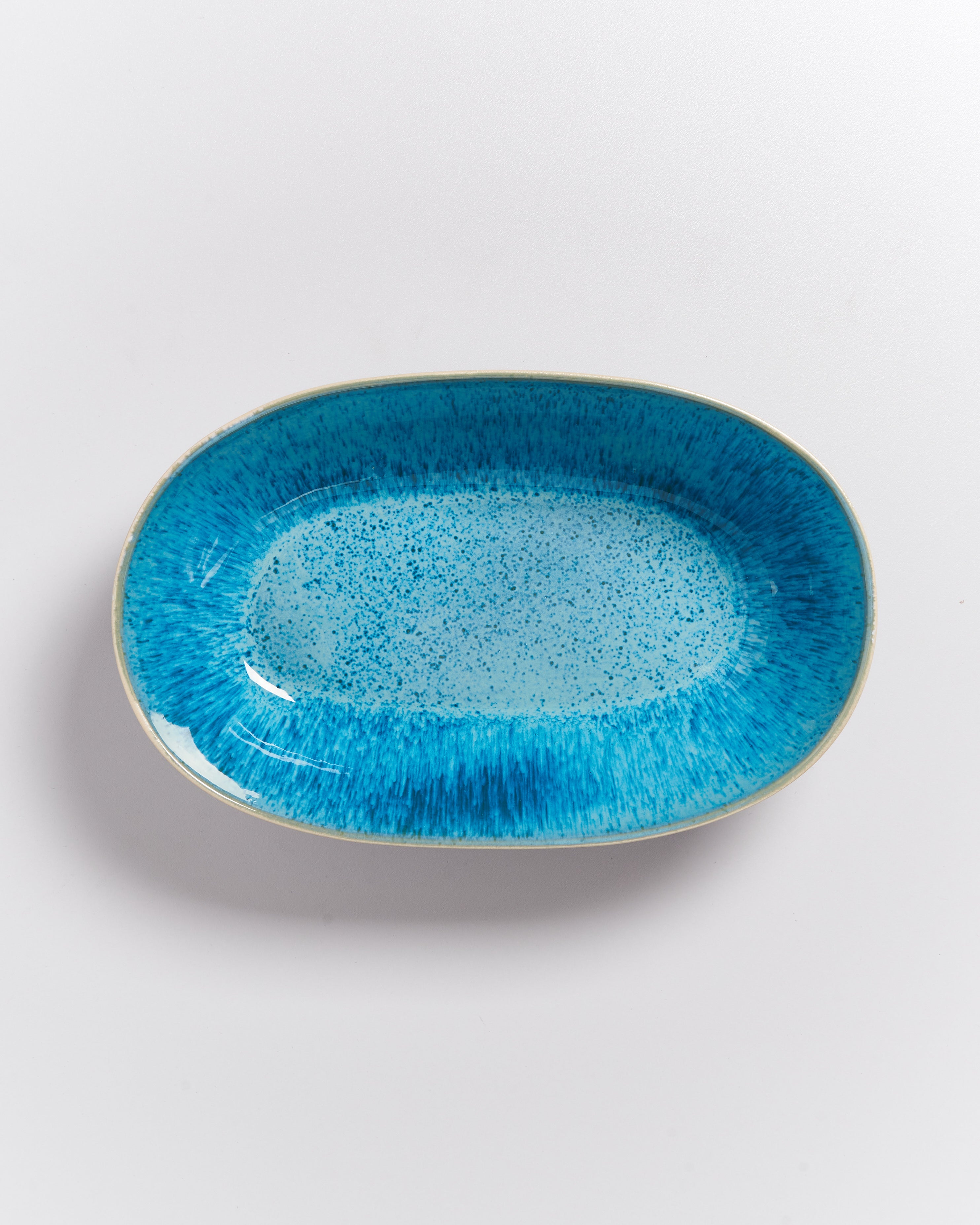 Ein ovaler, blauer Keramikteller mit gesprenkeltem Muster auf weißem Hintergrund.
