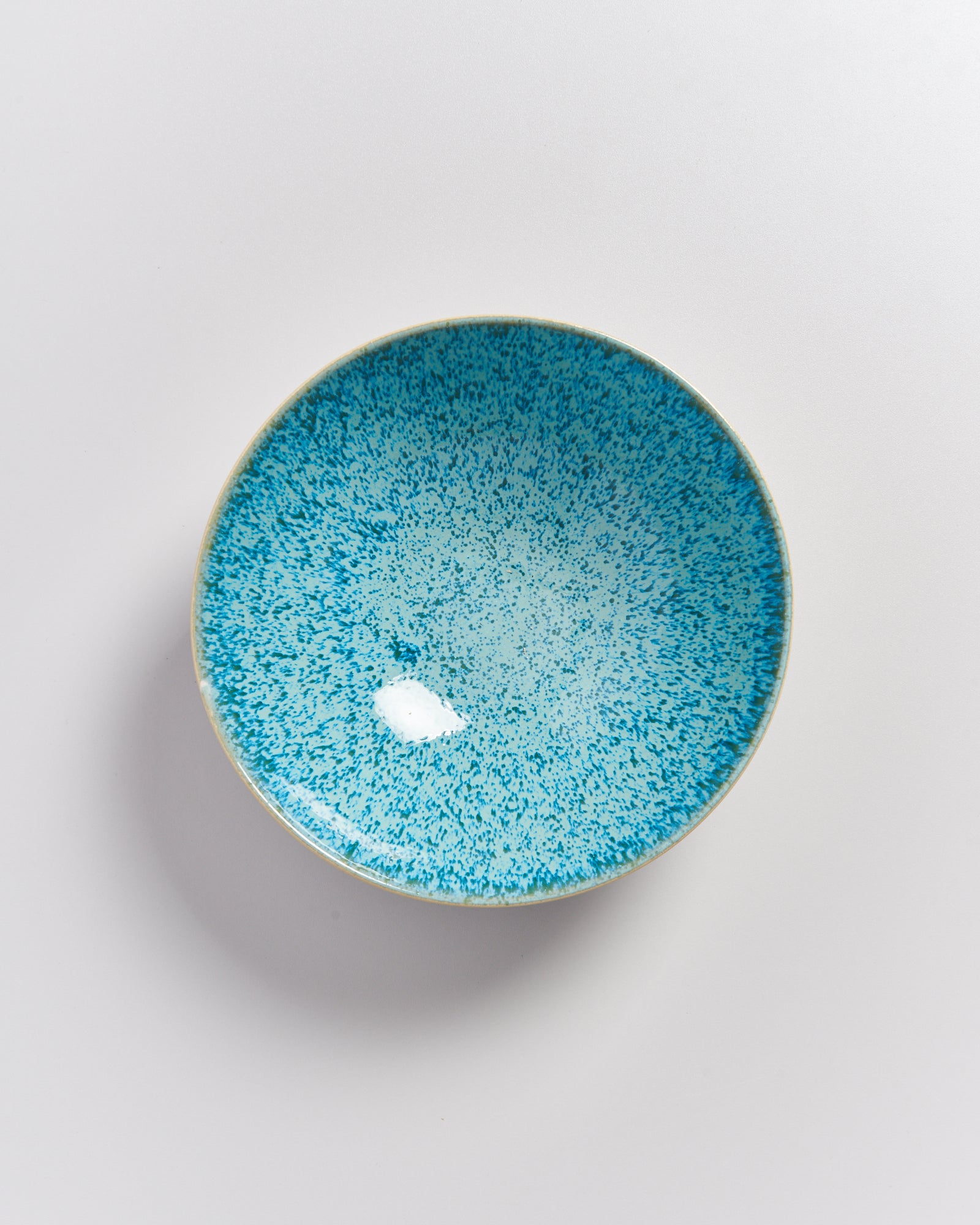 Eine blau gesprenkelte Keramikschale auf weißem Hintergrund.