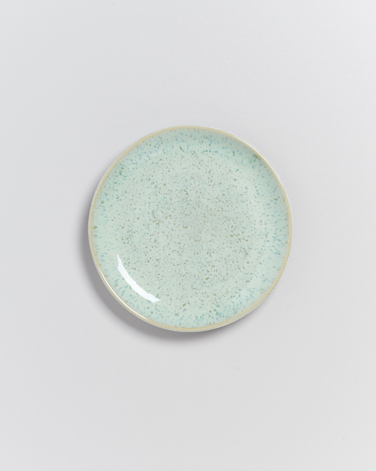 Ein runder, mintgrüner Teller mit gesprenkelter Oberfläche liegt auf einer weißen Oberfläche.