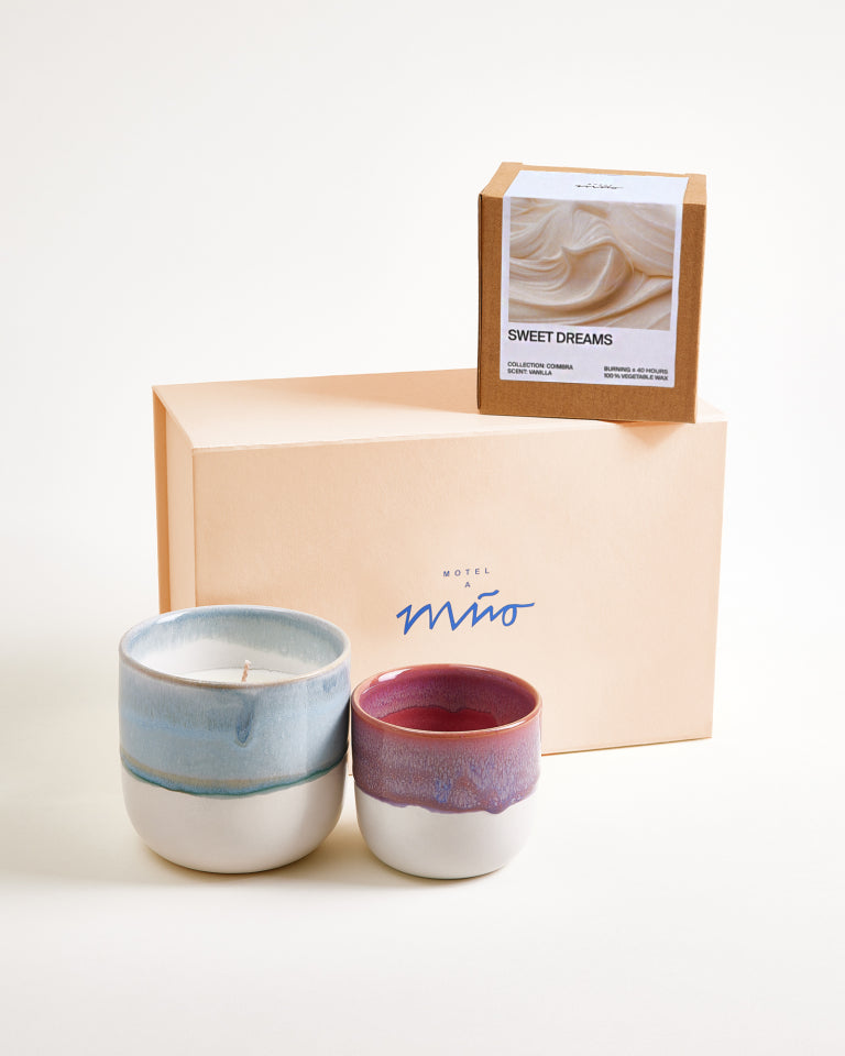 Geschenkset Coimbra kleine beker & geurkaars paars grijsblauw 3-delig