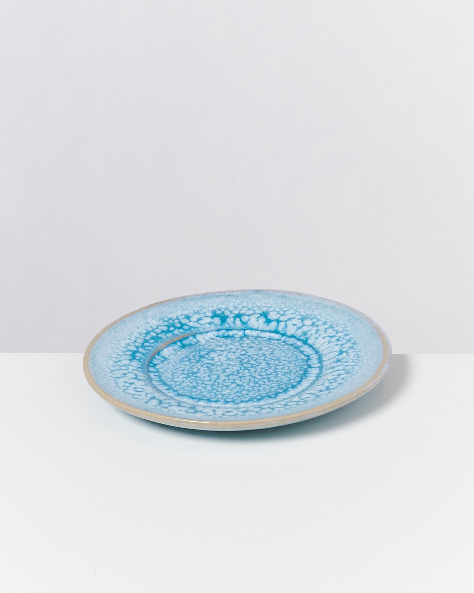 Ein blauer Keramikteller mit einem gesprenkelten Muster auf einem weißen Hintergrund.