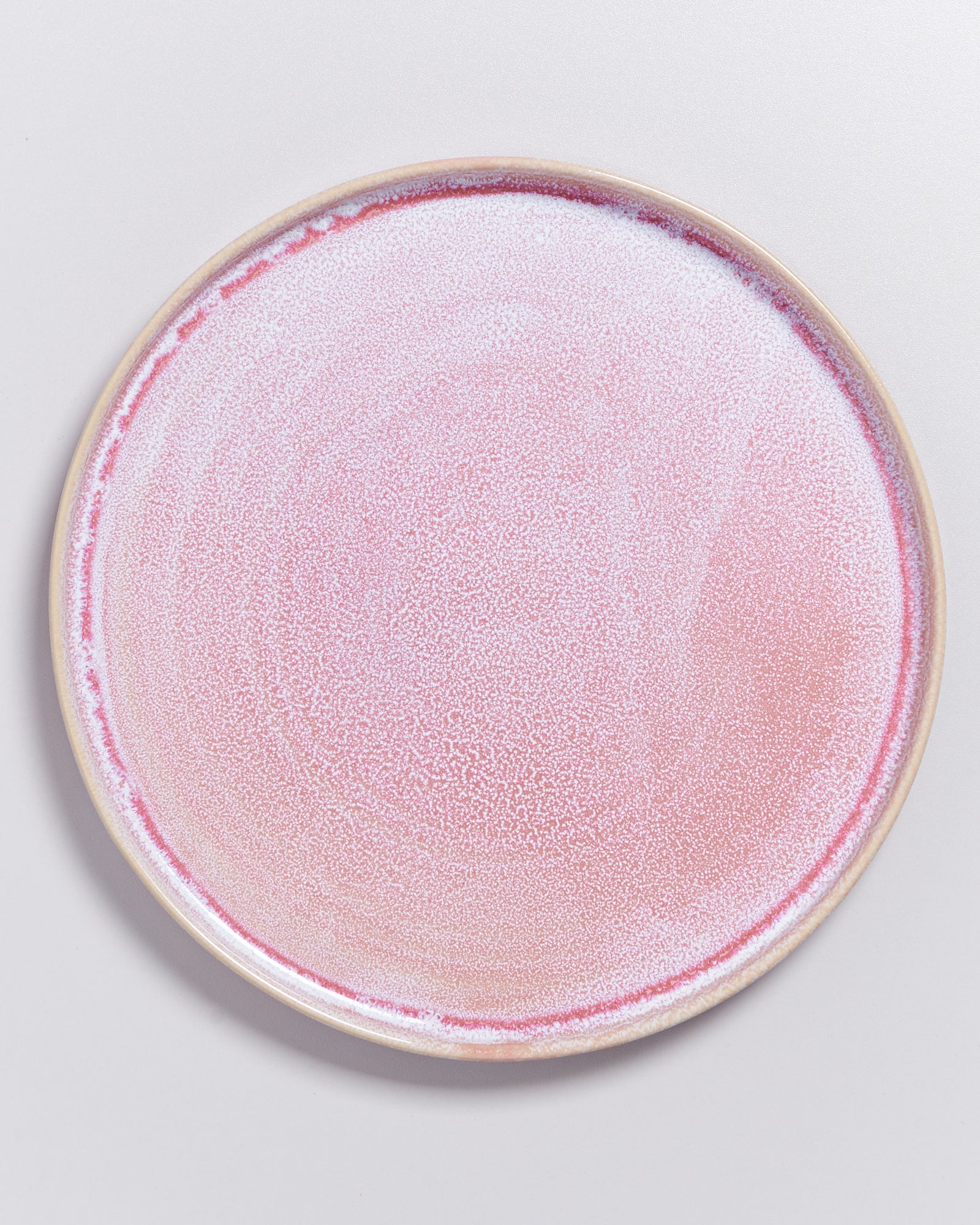 Runder, rosa Keramikteller mit fein gesprenkeltem Muster auf weißem Hintergrund.