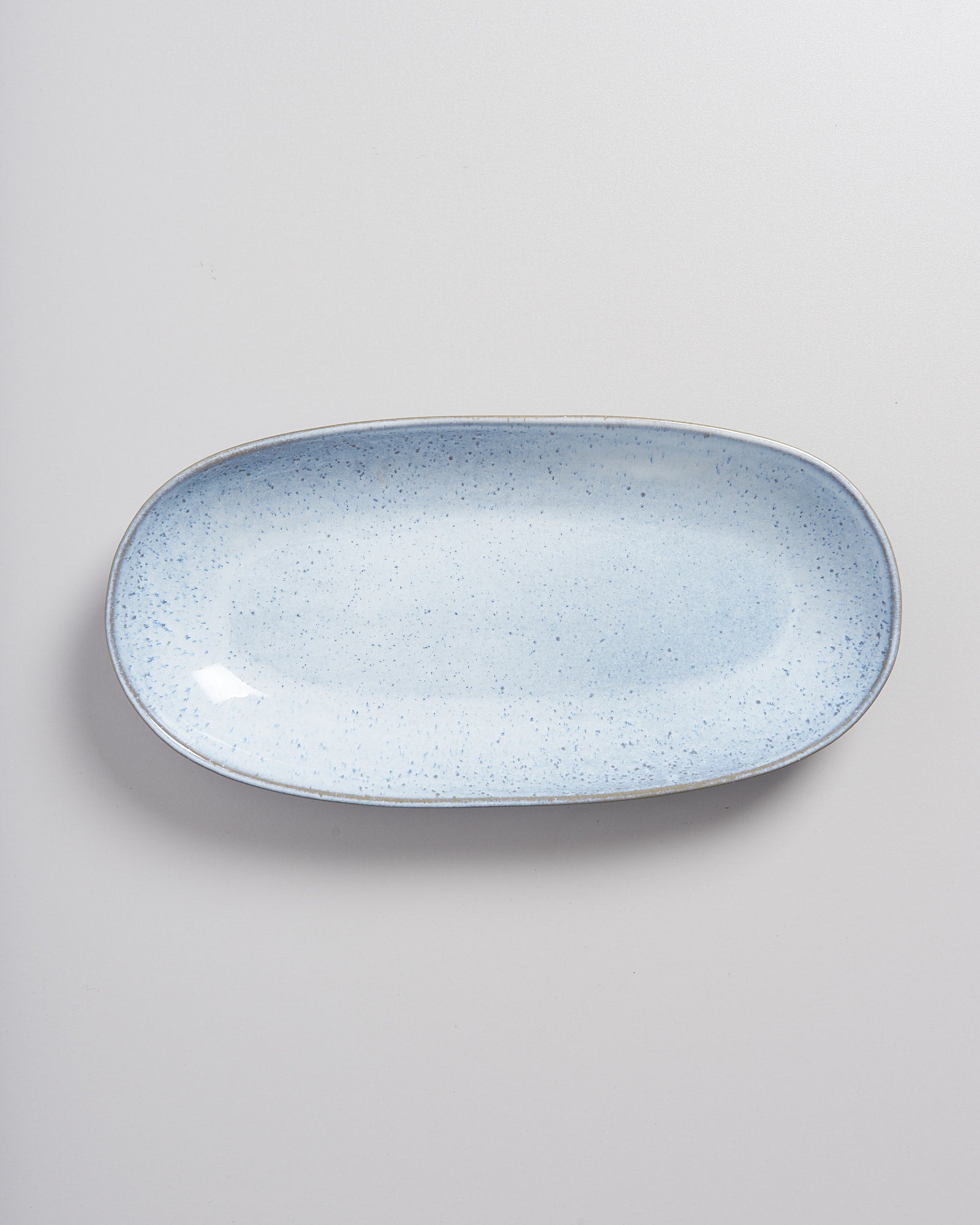 Ovaler, hellblauer Teller mit feinen, dunkelblauen Sprenkeln auf weißem Hintergrund.
