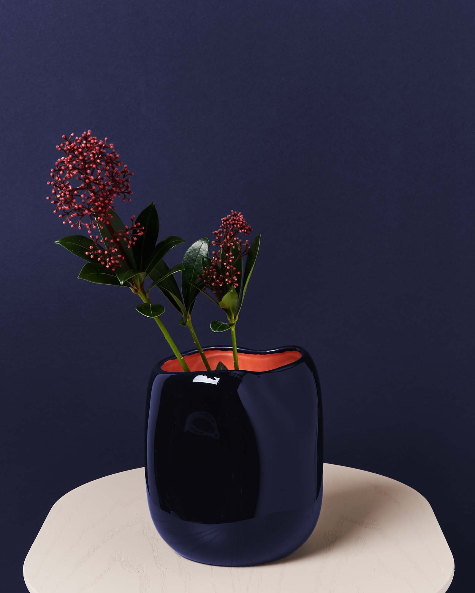 Schwarze Vase mit roten Beerenblüten und grünen Blättern auf einem hellen Tisch vor dunkelblauem Hintergrund.