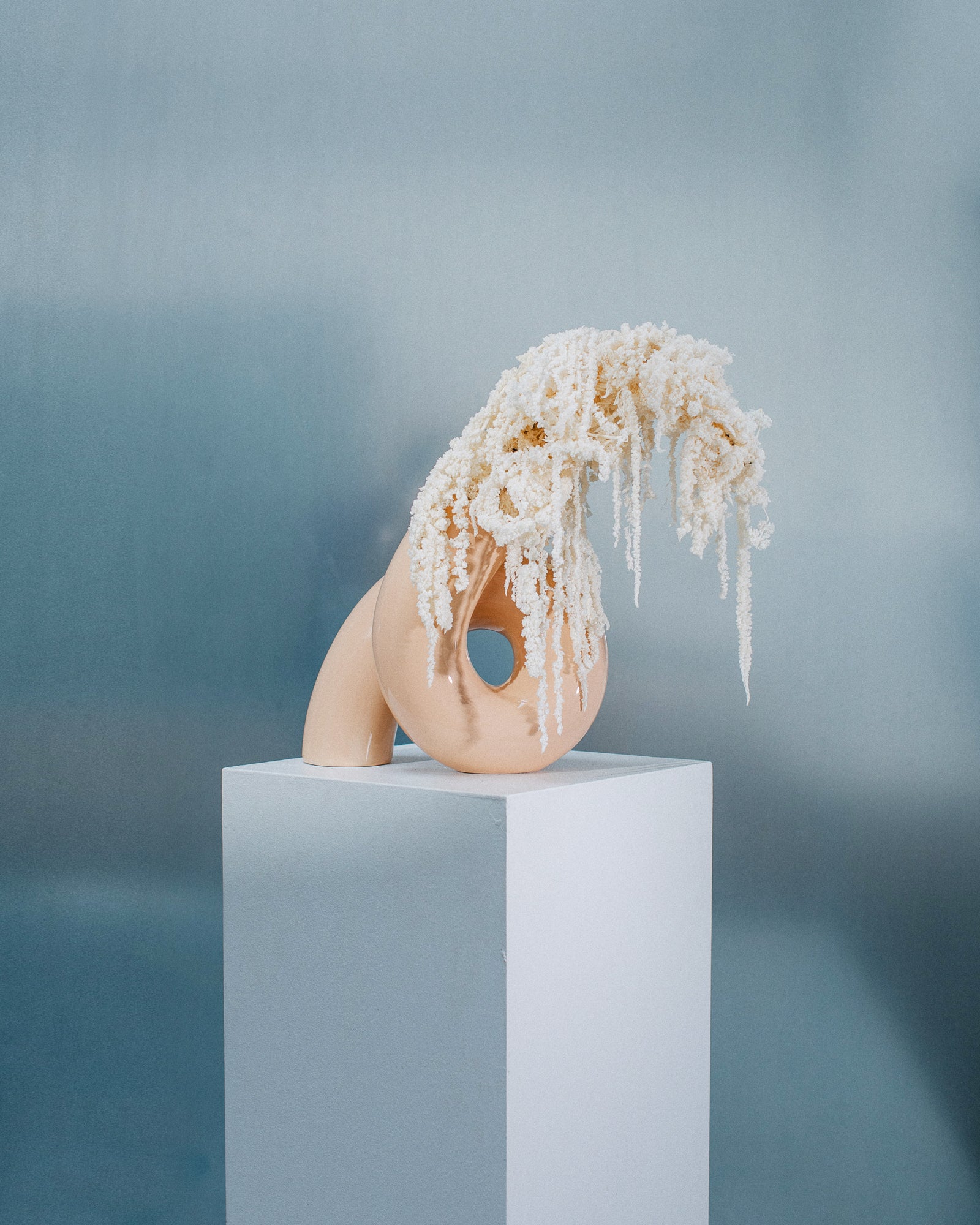 Abstrakte Vase mit getrockneten, weißen Blumen auf einem weißen Podest vor einem blauen Hintergrund.
