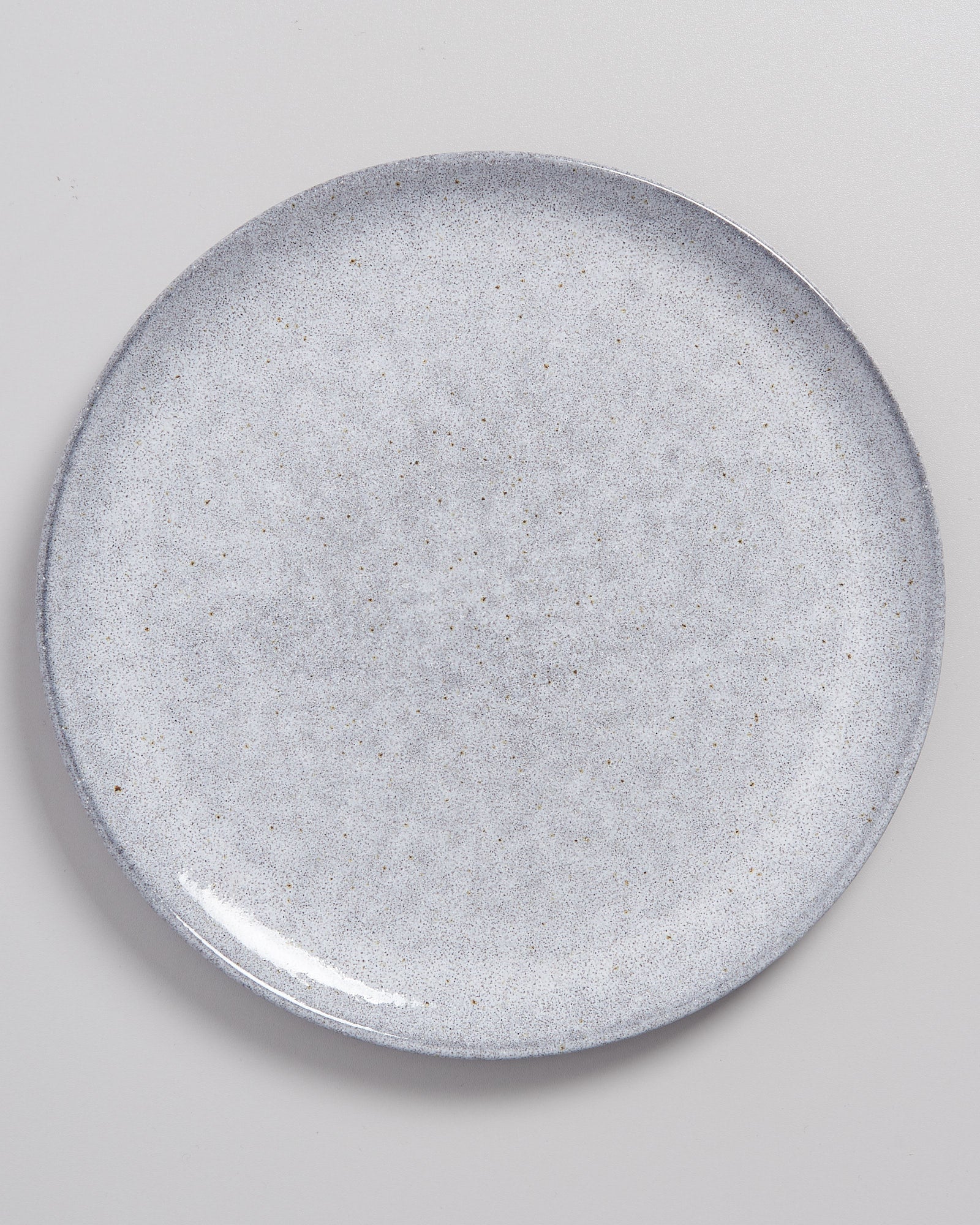 Grauer, runder Keramikteller mit gesprenkelter Oberfläche auf hellem Hintergrund.