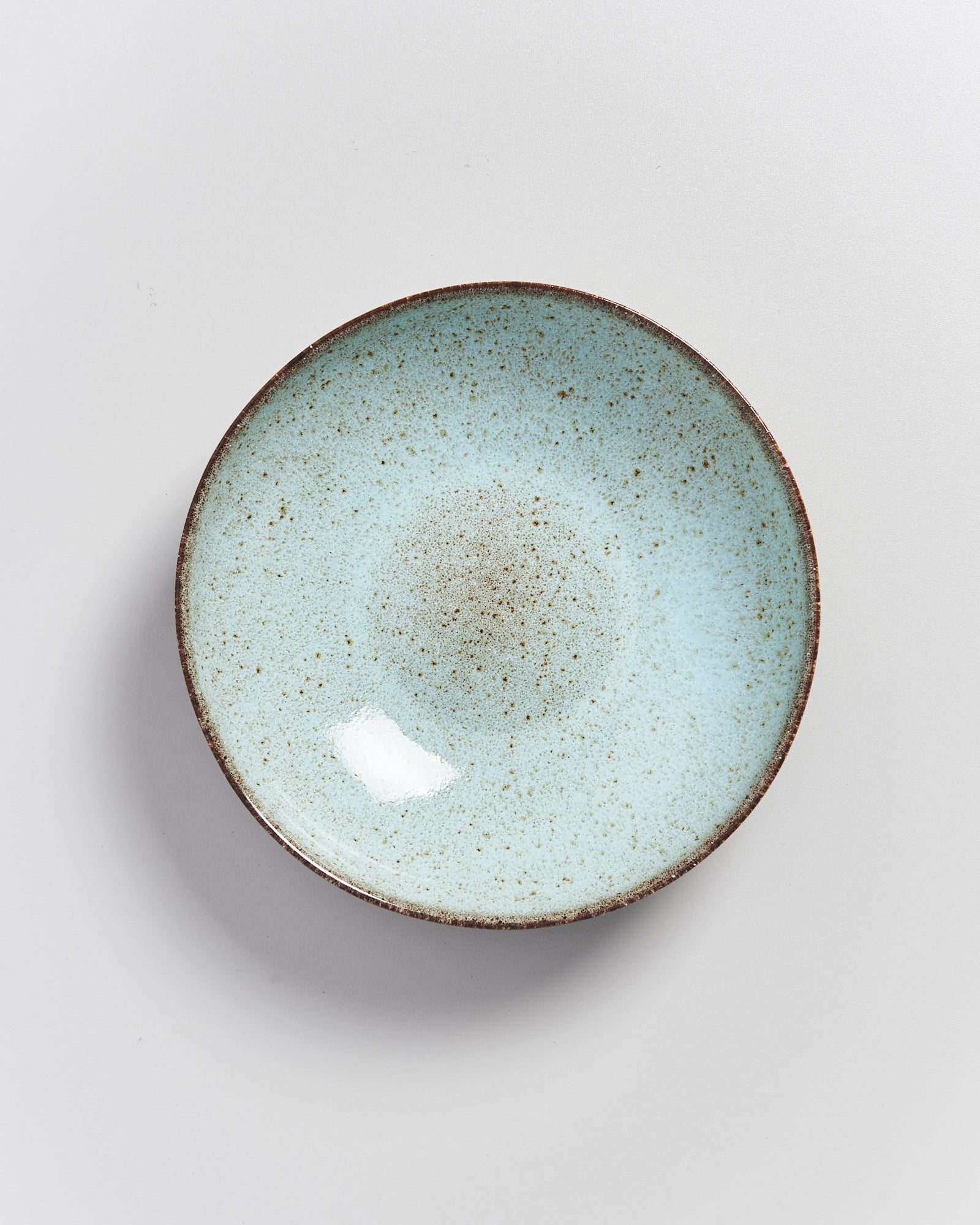 Ein blauer, gesprenkelter, runder Keramikteller auf einem weißen Hintergrund.