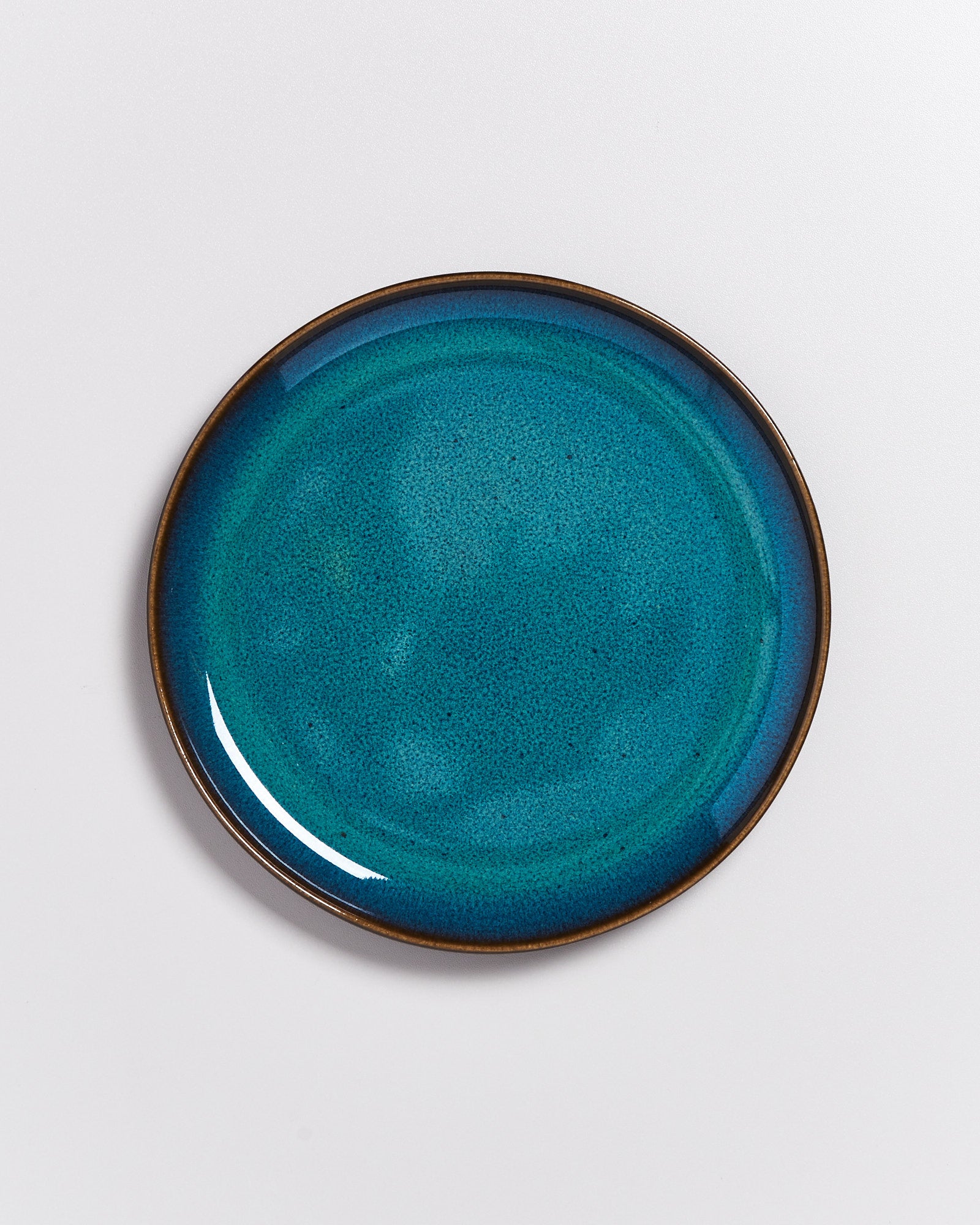 Runder, dunkelblauer Teller mit braunem Rand auf weißem Hintergrund.