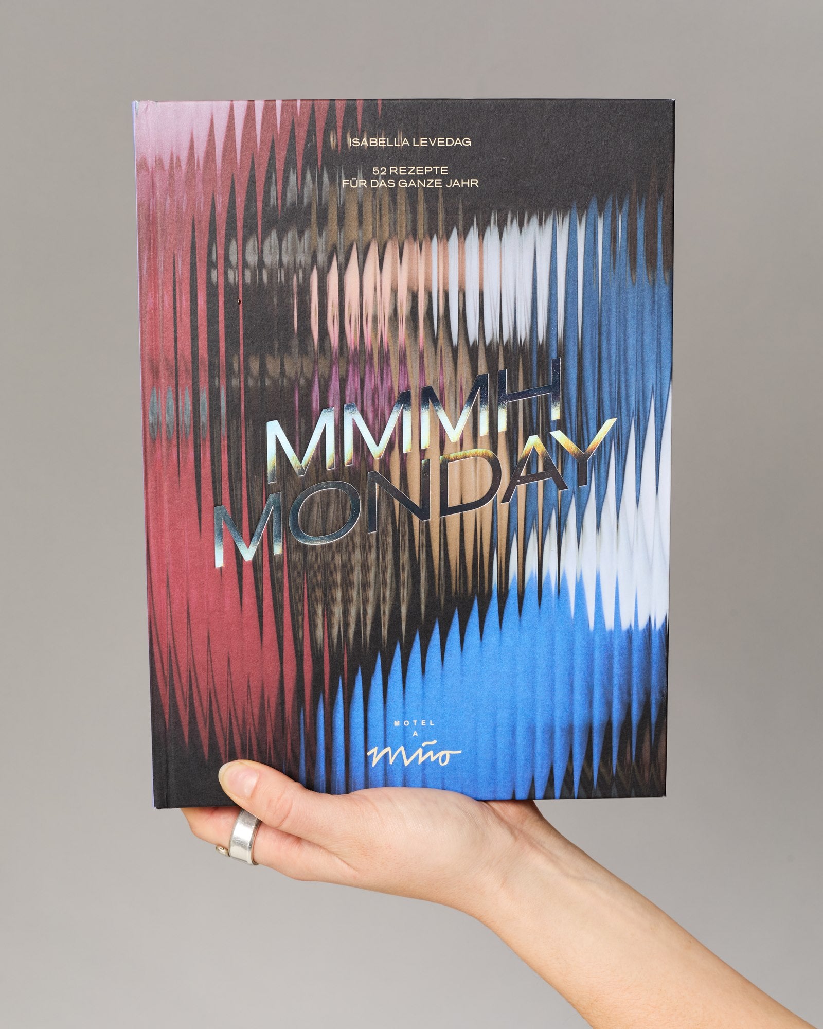 Eine Hand hält ein Buch mit dem Titel "Mmmh Monday" und einem wellenförmigen, farbenfrohen Design auf dem Cover.