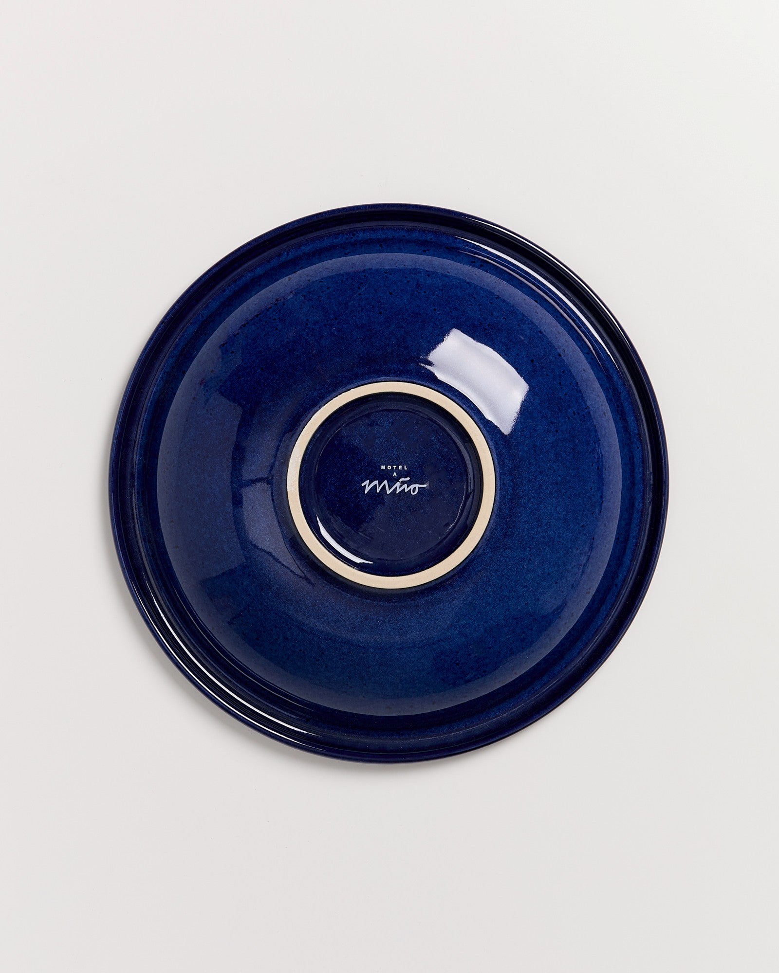 Blauer Teller mit einer kreisförmigen Vertiefung und einem kleinen Logo in der Mitte auf weißem Hintergrund.