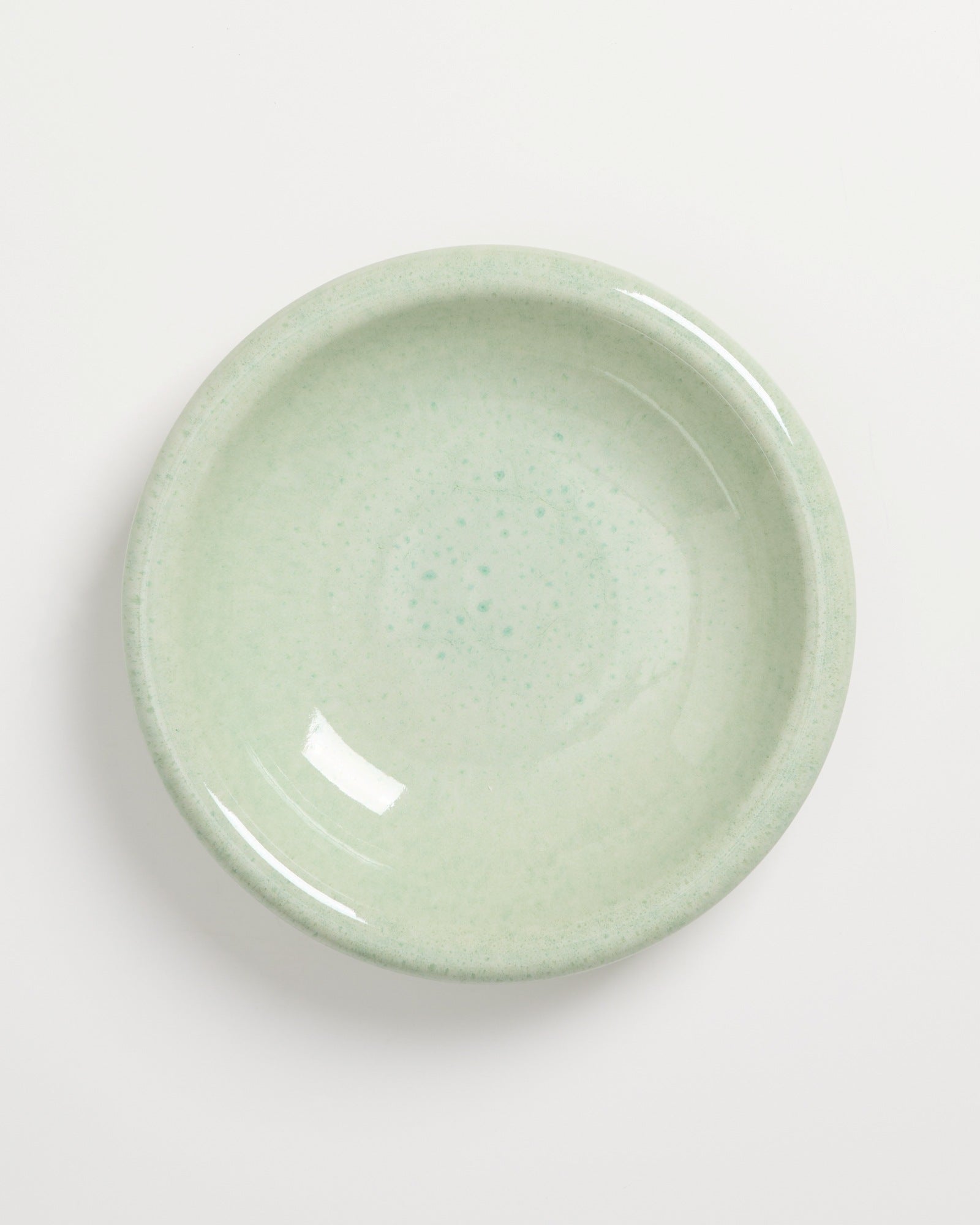 Ein einzelner hellgrüner Teller mit einem dezenten Muster auf weißem Hintergrund.