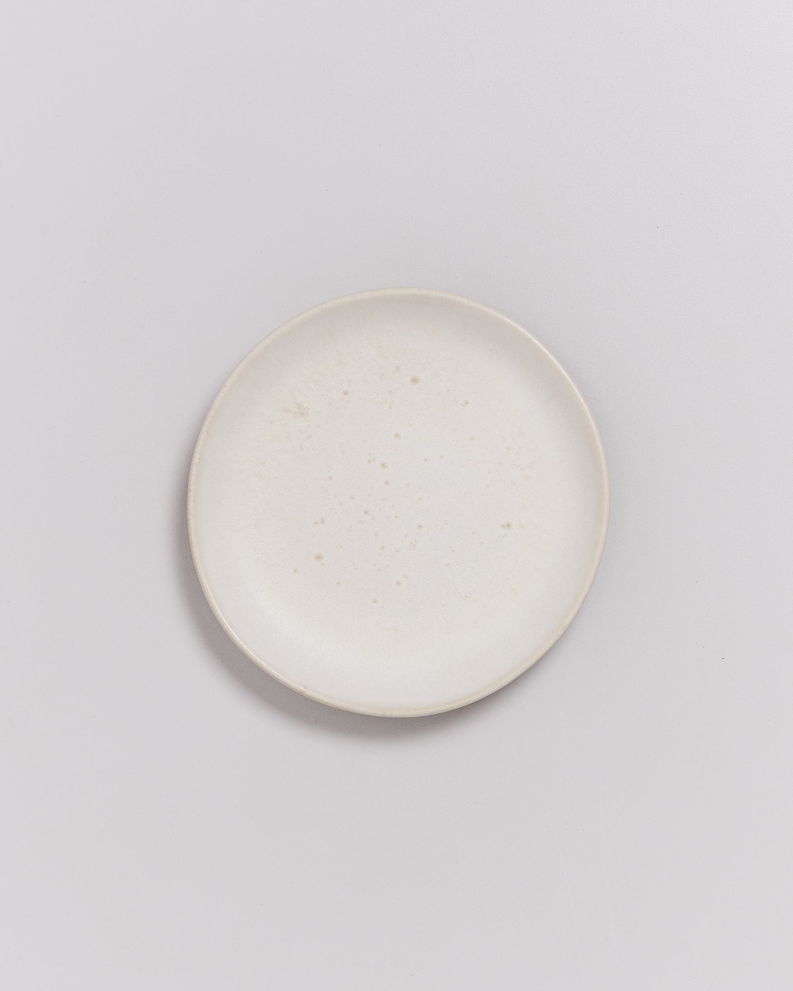 Ein einfacher weißer Teller mit kleinen, ungleichmäßigen Flecken auf einer hellgrauen Oberfläche.