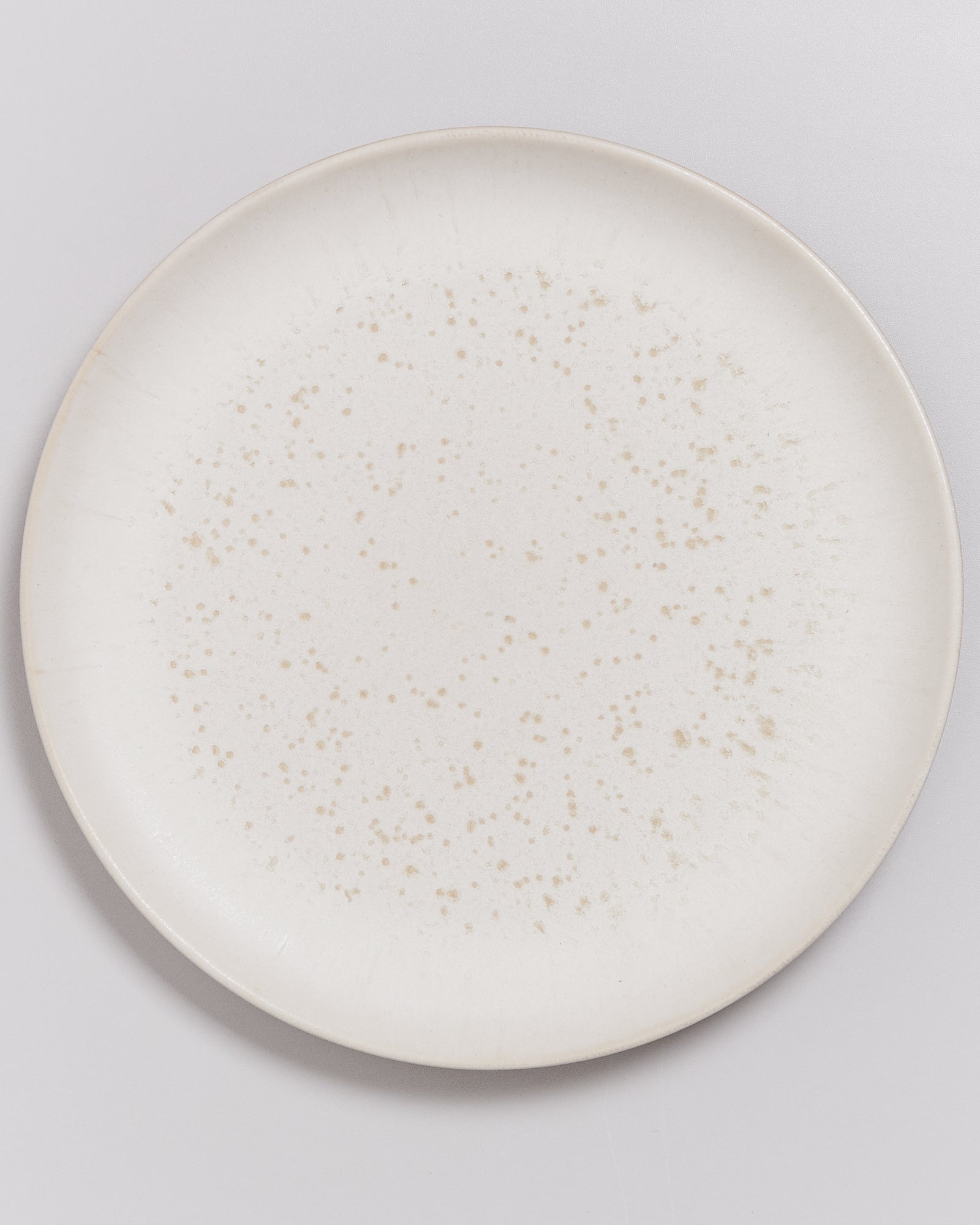 Weißer Keramikteller mit kleinen braunen Sprenkeln auf hellem Hintergrund.