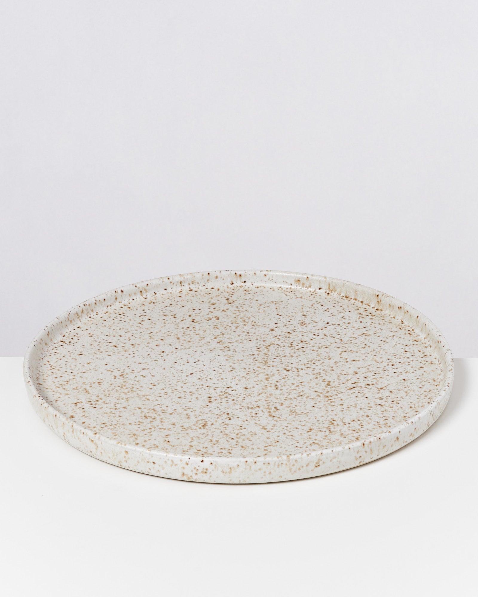 Keramikteller mit gesprenkeltem Muster auf weißem Hintergrund.