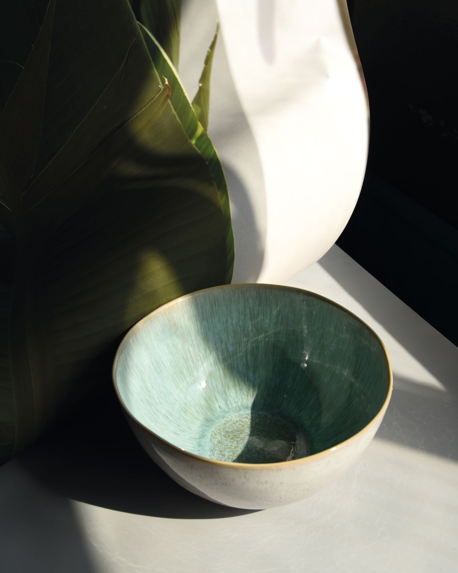 Keramikschale mit grüner Innenseite steht im Sonnenlicht neben großen, grünen Blättern auf einer weißen Oberfläche.
