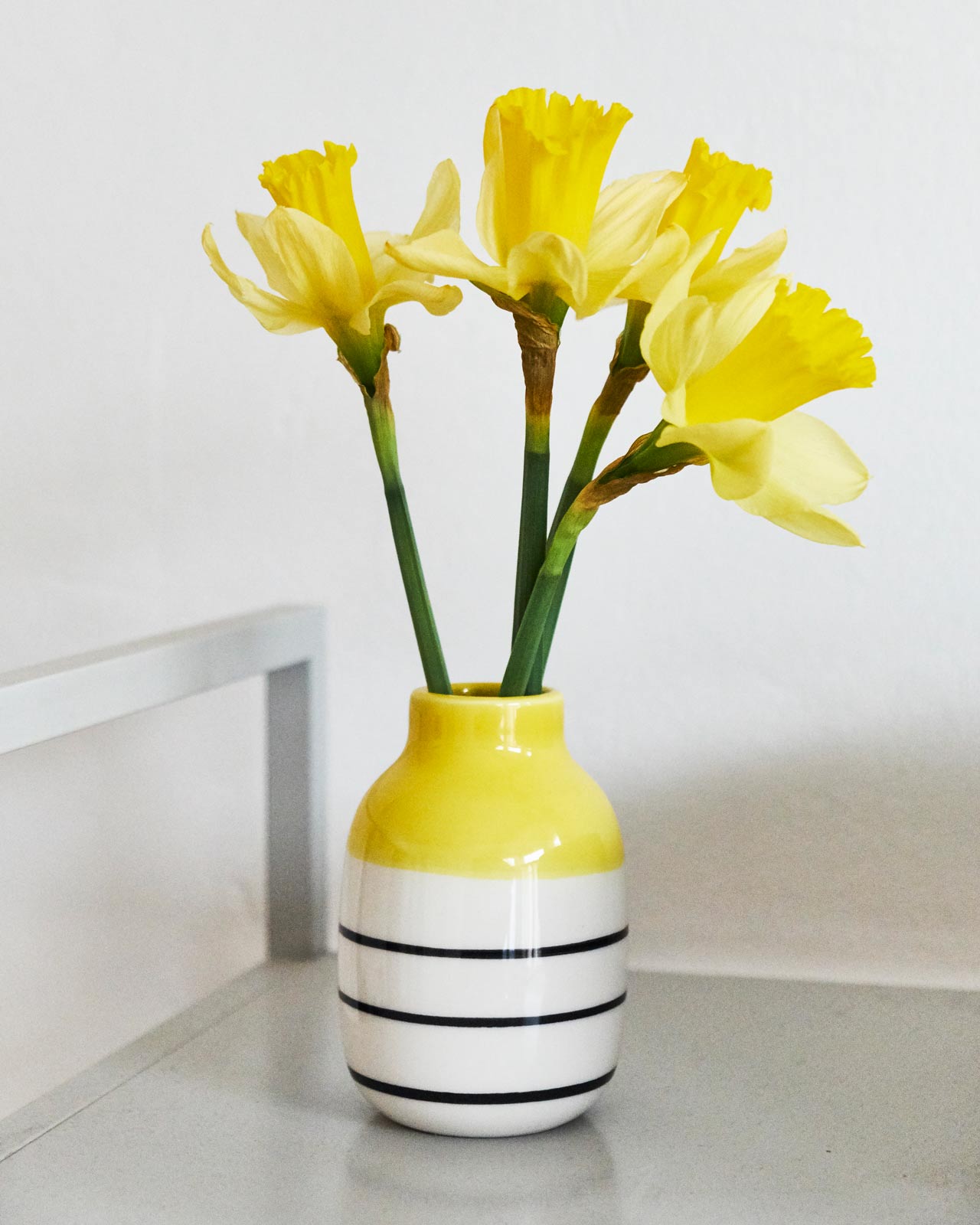 Gelbe Narzissen in einer gestreiften Vase auf einem Tisch vor einer weißen Wand.