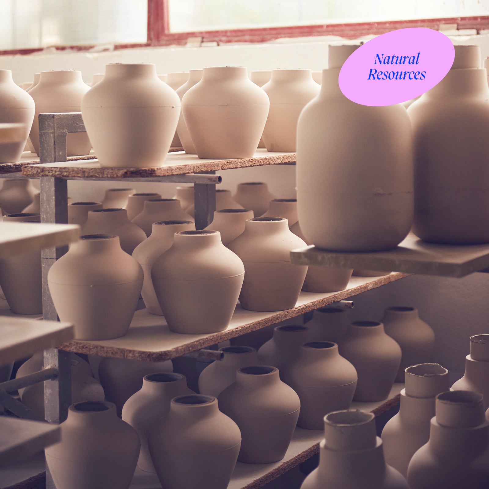 Viele Tonvasen stehen auf Regalen in einer Töpferei, mit einem rosa Kreis mit der Aufschrift "Natural Resources".