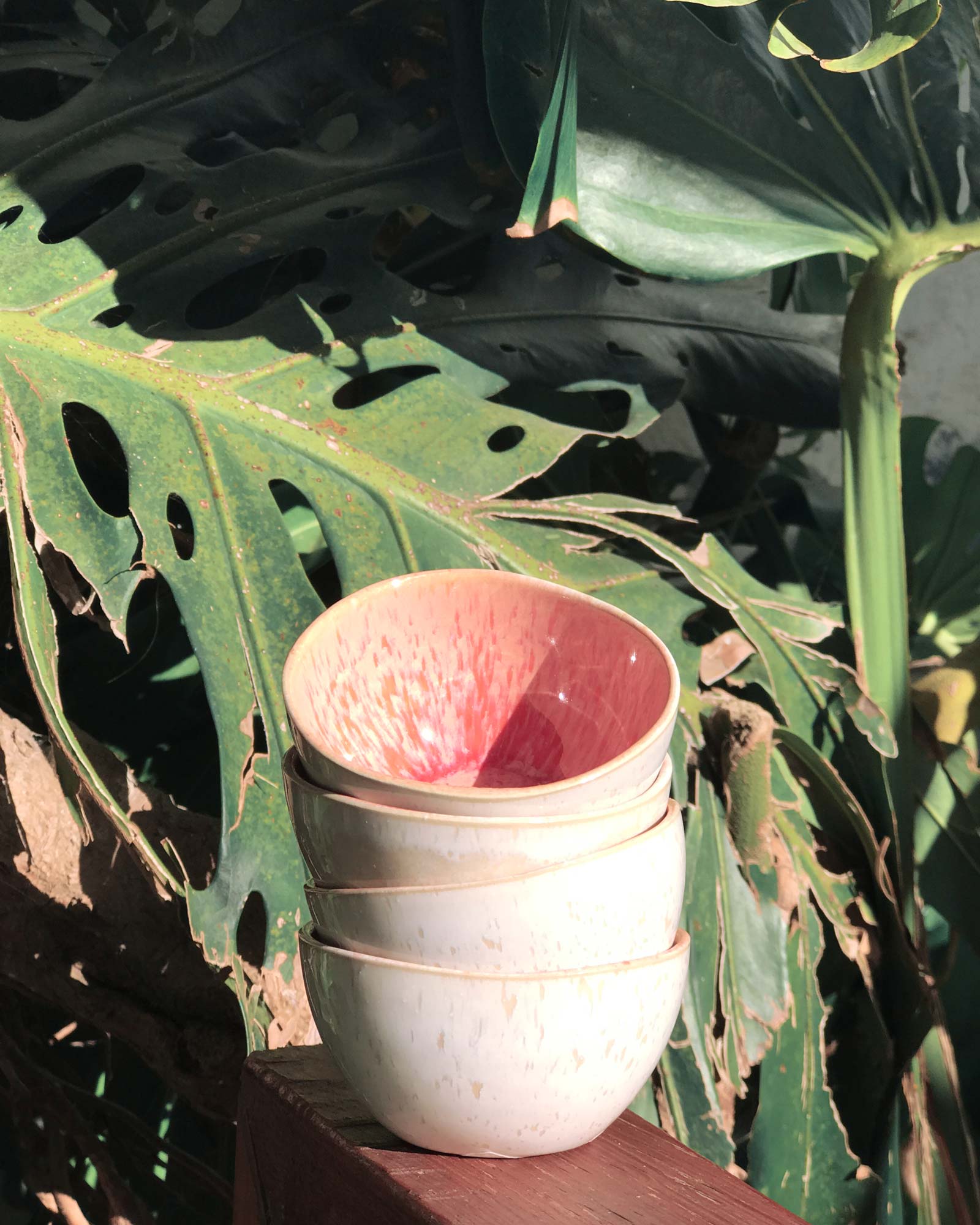 Eine stapel mit vier Keramikschalen, deren Innenseite rot gefärbt ist, steht vor großen grünen Blättern.