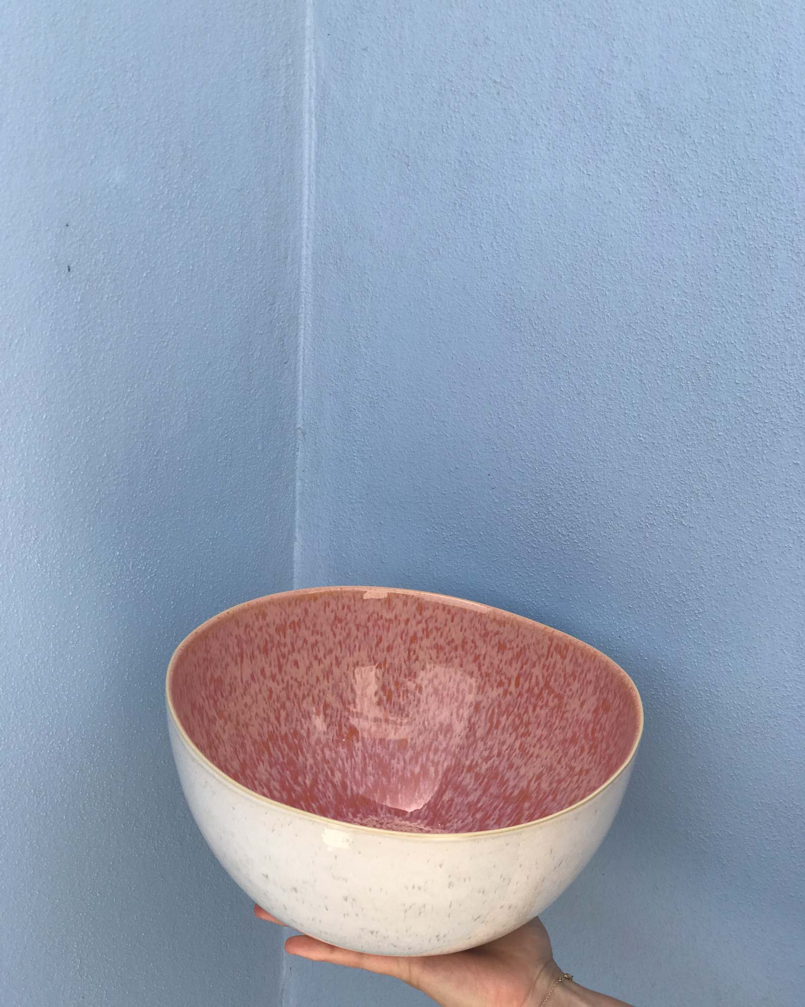 Eine Hand hält eine Schale mit rosa Innenseite vor einer blau gestrichenen Wand.