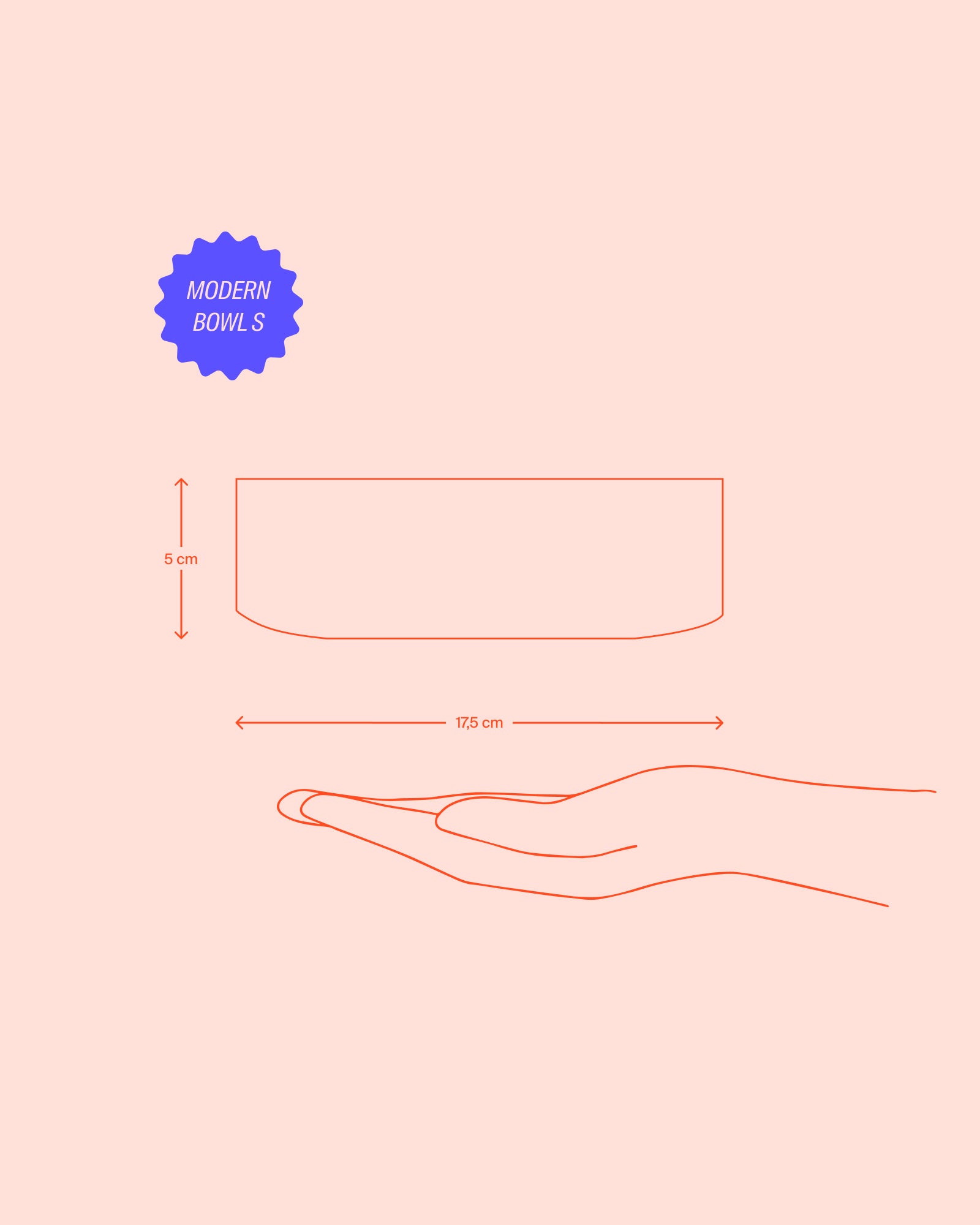 Diagramm einer modernen Schale der Größe S mit den Maßen 5 cm Höhe und 17,5 cm Breite, über einer Handansicht.