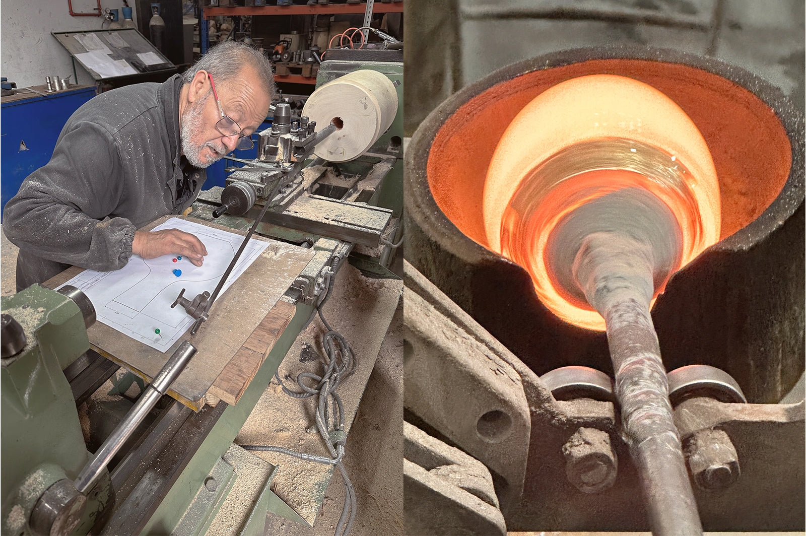 Ein Mann arbeitet an einer Drehmaschine, daneben ein heißes Glasobjekt in einem Ofen.