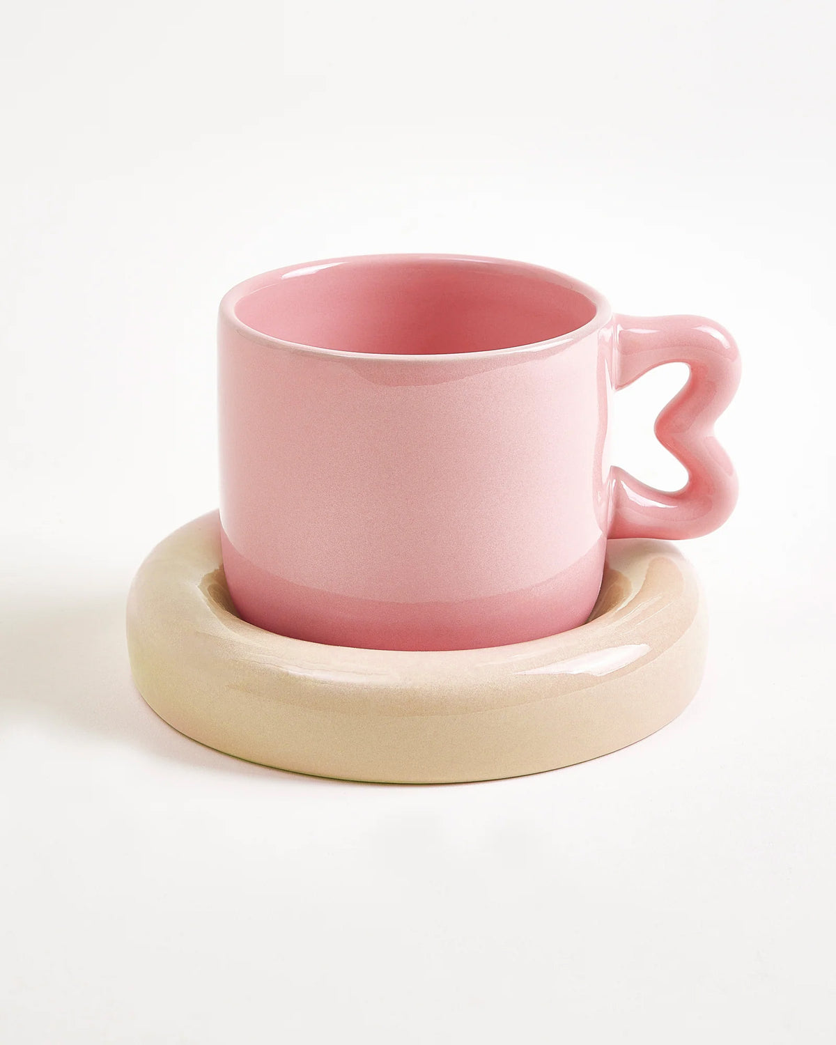 Tazza Da Caffè In Ceramica Rosa Con Piattino In Bambù - 200 Ml, Design Moderno E Originale - 2